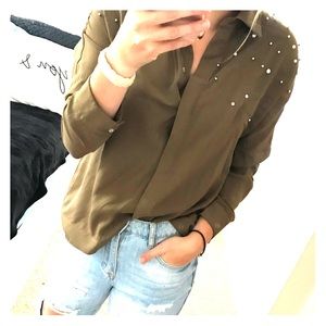 Zara NEW pearl and stud olive blouse 💕